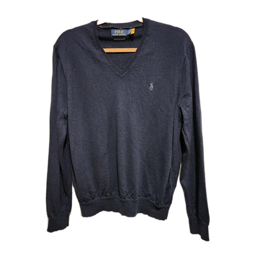 Polo Ralph Lauren Embroidered Logo VNeck Washable Merino Wool Sweater Navy Large